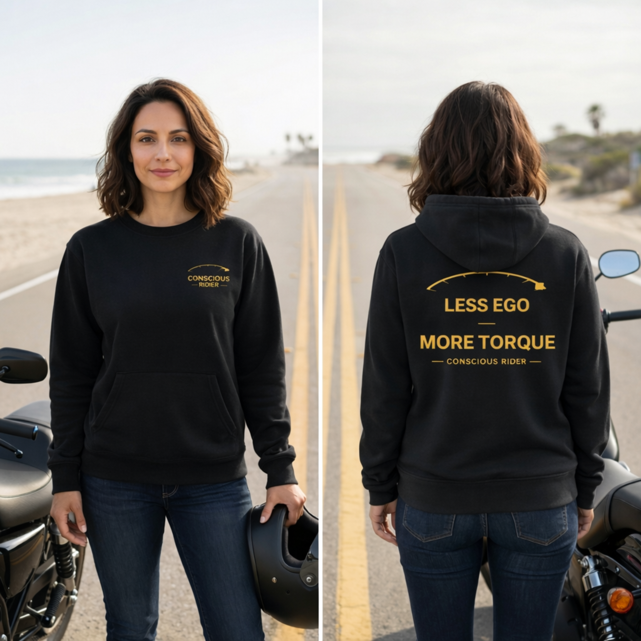 “Black motorcycle crewneck sweatshirt with Conscious Rider front logo and ‘Less Ego More Torque’ graphic on the back, worn by a man on a mountain road.”
