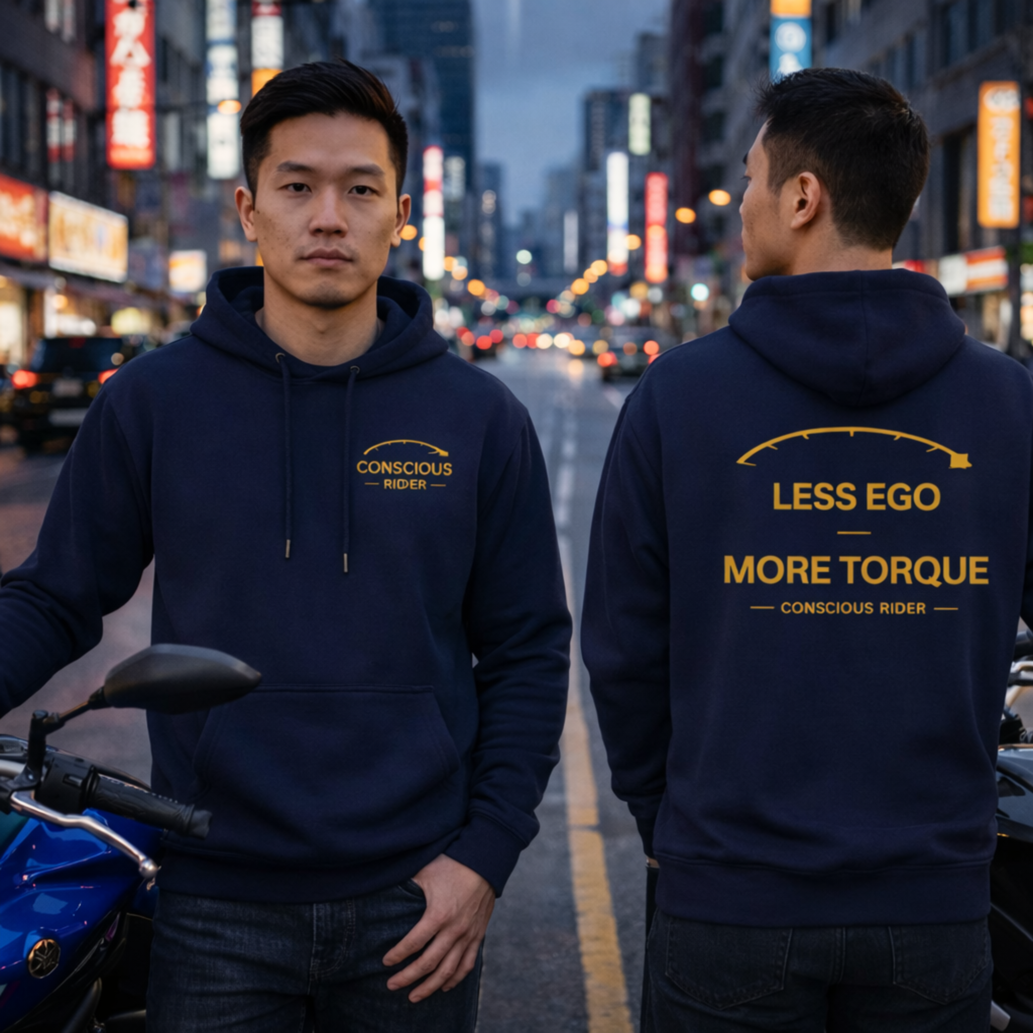 “Black motorcycle crewneck sweatshirt with Conscious Rider front logo and ‘Less Ego More Torque’ graphic on the back, worn by a man on a mountain road.”
