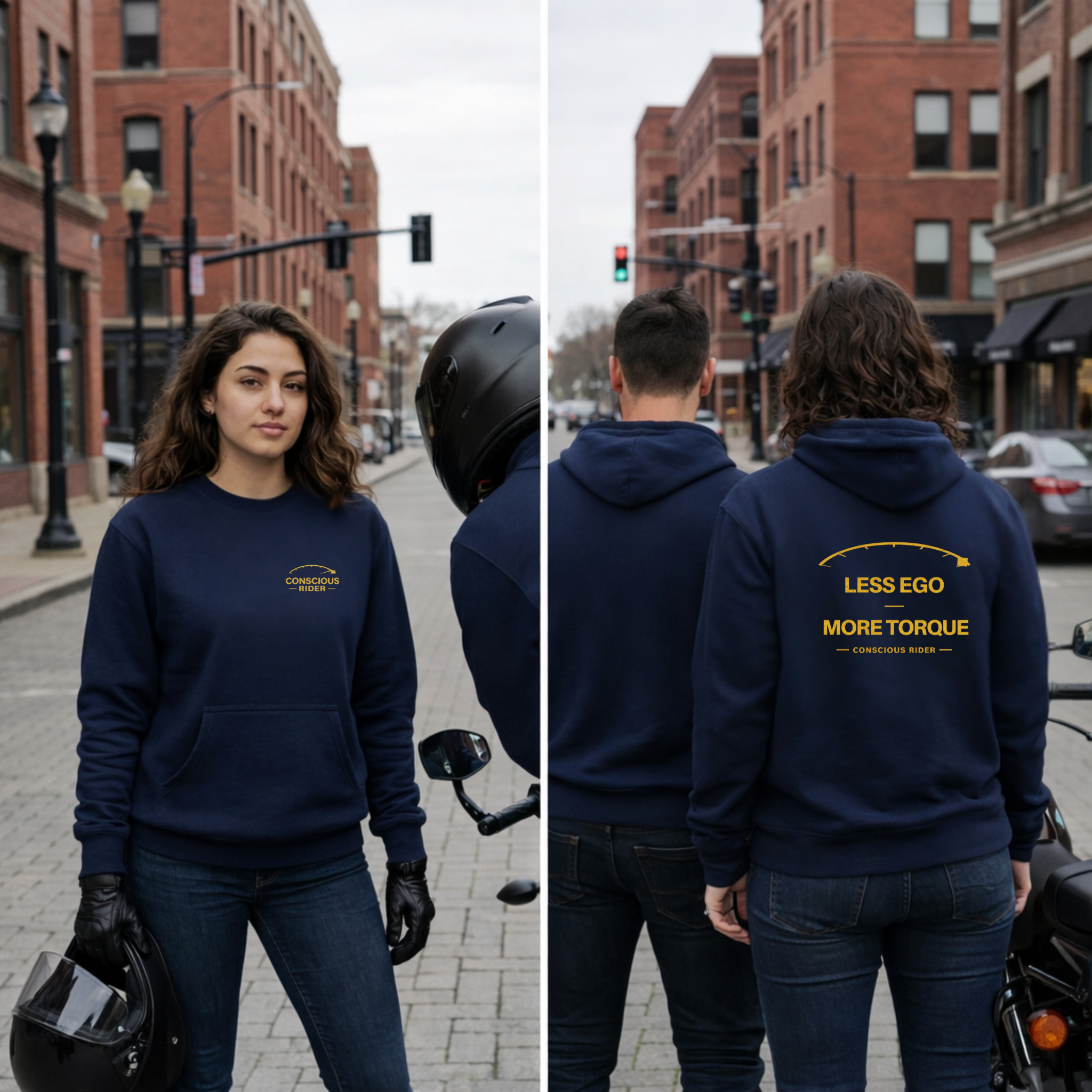 “Black motorcycle crewneck sweatshirt with Conscious Rider front logo and ‘Less Ego More Torque’ graphic on the back, worn by a man on a mountain road.”

