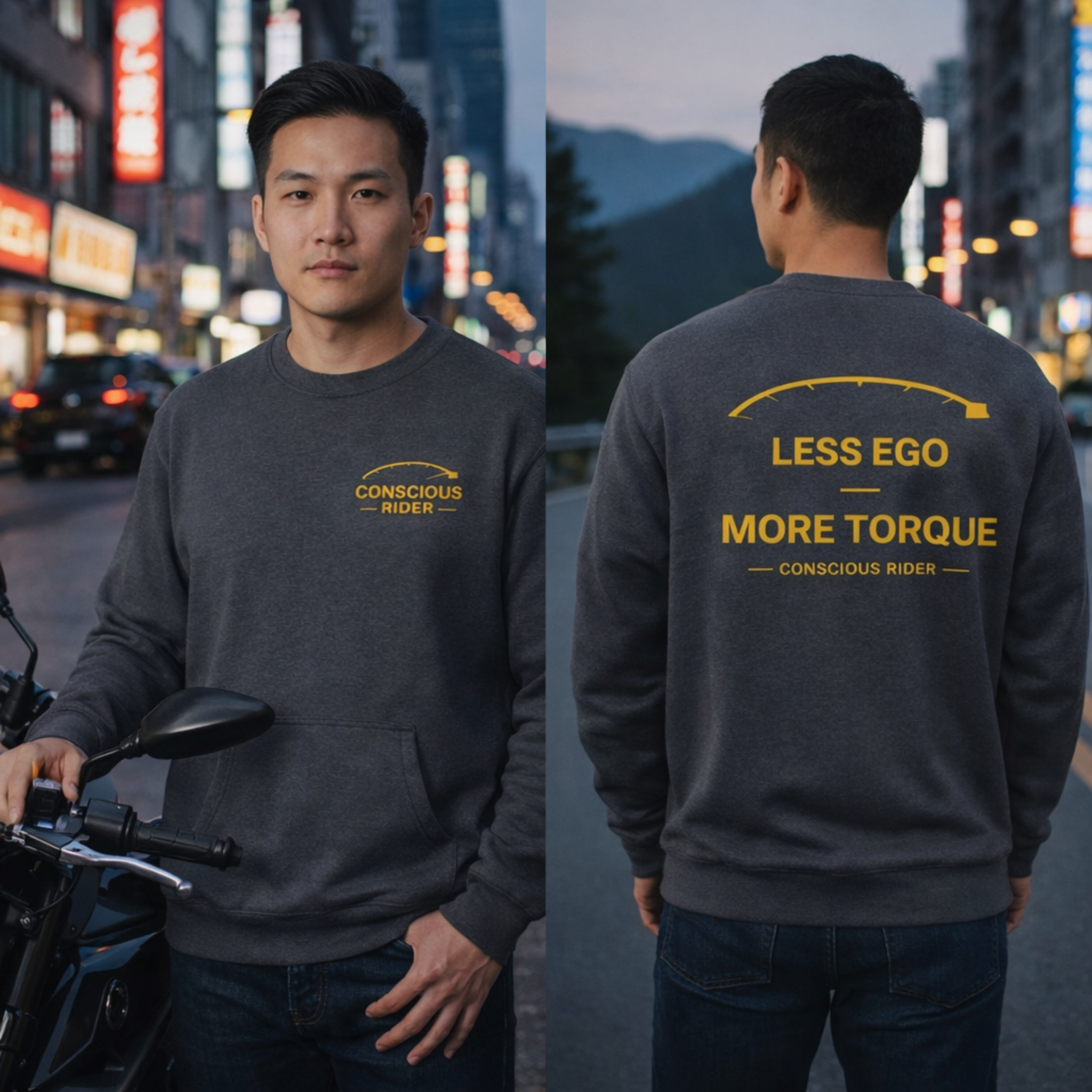 “Black motorcycle crewneck sweatshirt with Conscious Rider front logo and ‘Less Ego More Torque’ graphic on the back, worn by a man on a mountain road.”
