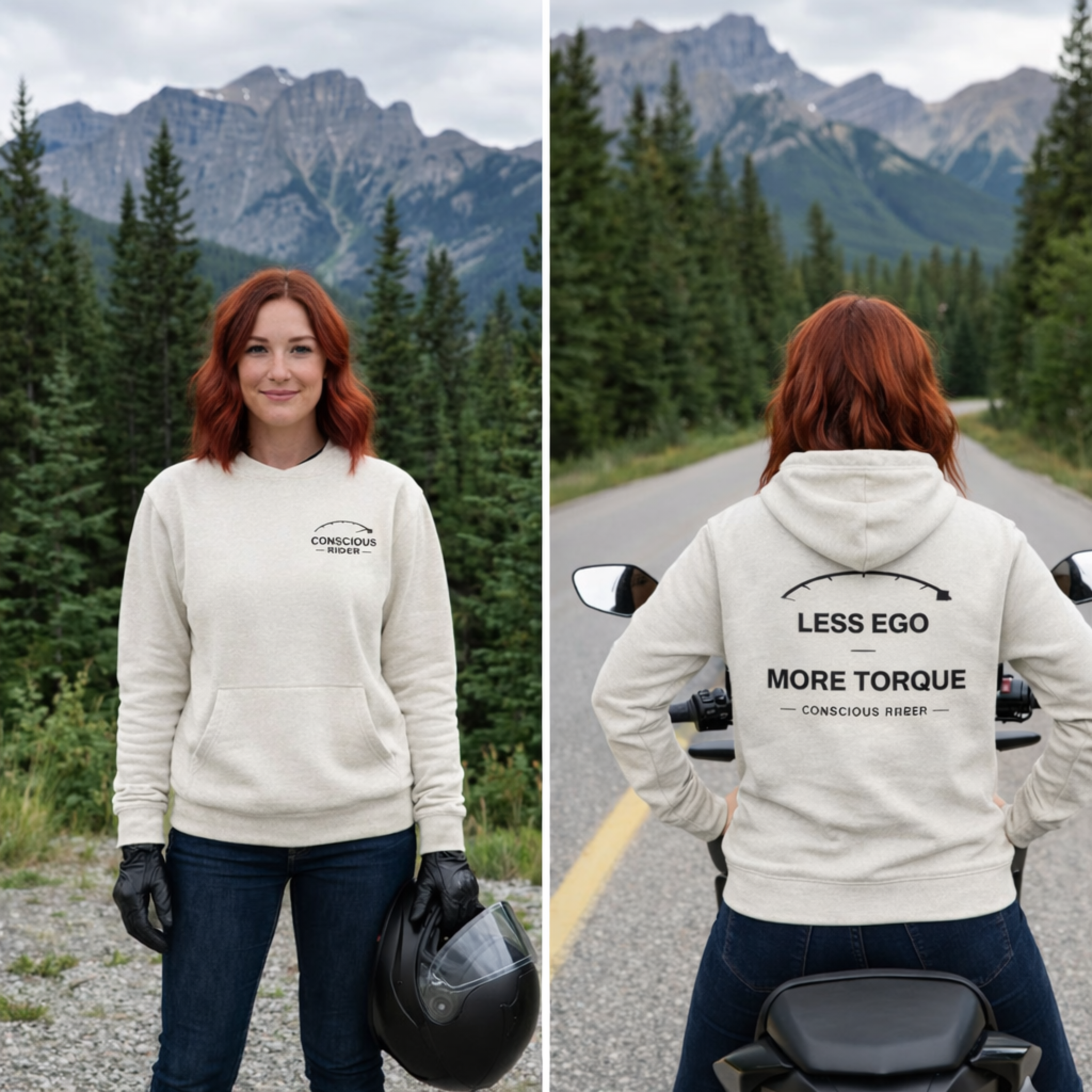 “Black motorcycle crewneck sweatshirt with Conscious Rider front logo and ‘Less Ego More Torque’ graphic on the back, worn by a man on a mountain road.”
