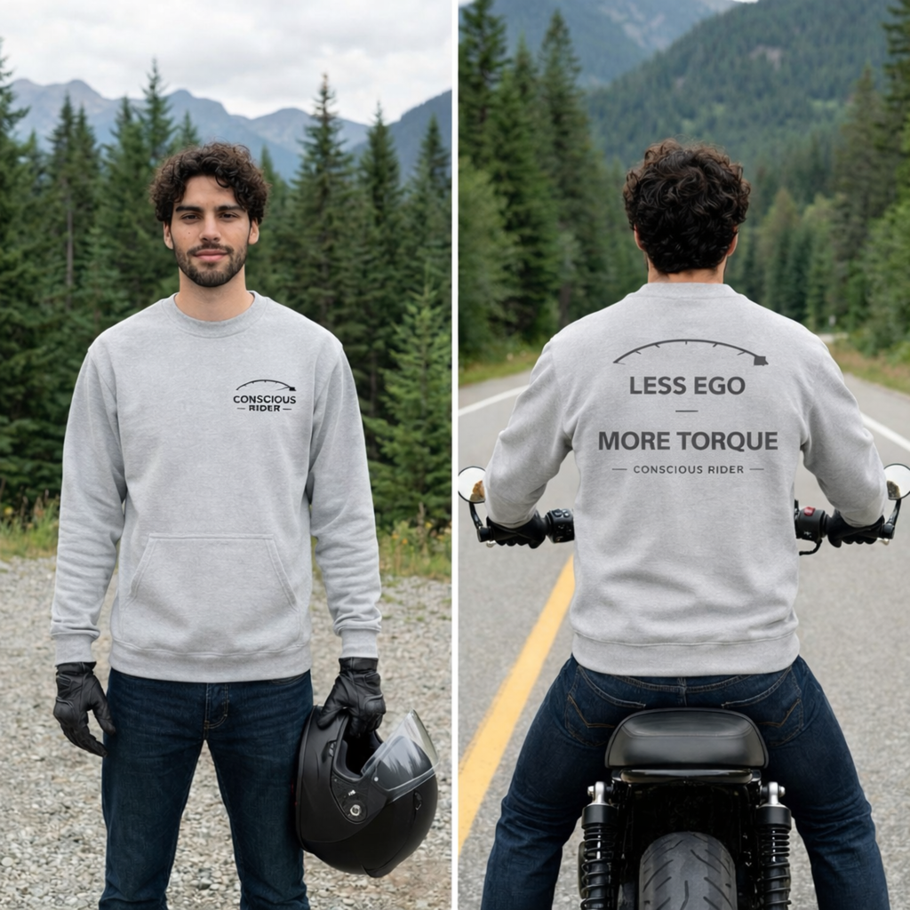 “Black motorcycle crewneck sweatshirt with Conscious Rider front logo and ‘Less Ego More Torque’ graphic on the back, worn by a man on a mountain road.”
