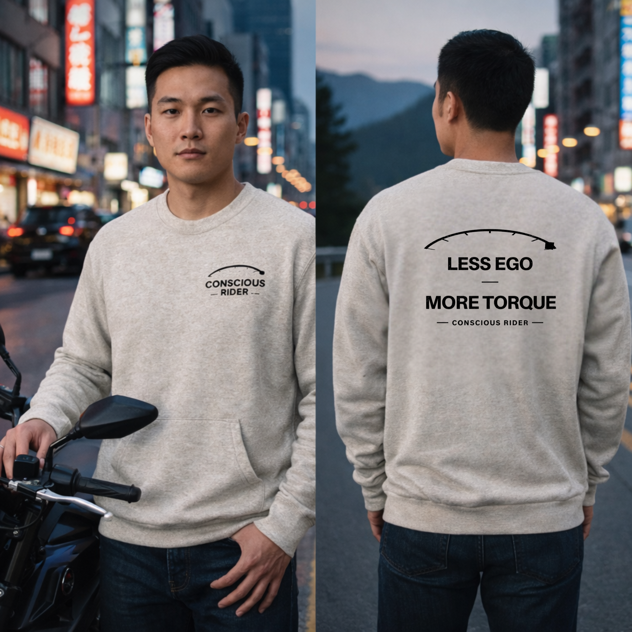 “Black motorcycle crewneck sweatshirt with Conscious Rider front logo and ‘Less Ego More Torque’ graphic on the back, worn by a man on a mountain road.”
